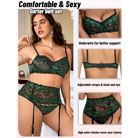 Women Green Lingerie Set High Waisted Underwire Lingerie With Garter Belt Lace - Picture 4 of 6